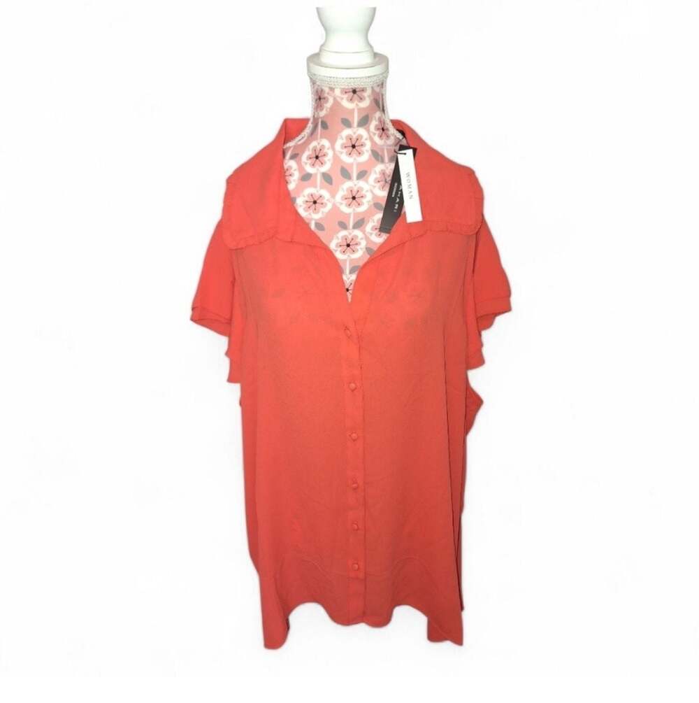 Tahari Woman Orange Ruffle Sleeve Button Down Blouse Size 3X